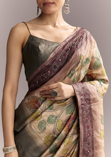 Coffee Brown Cotton Hand Painted Saree With Contrast Border