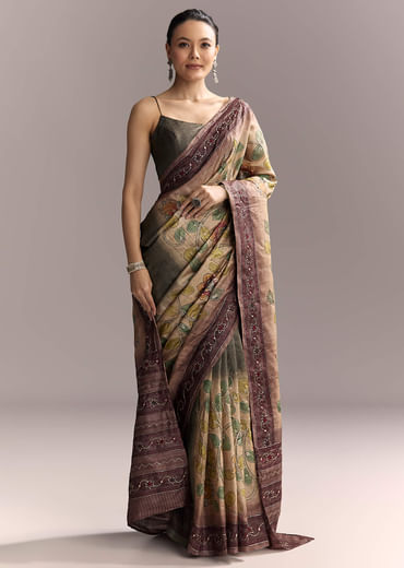 Coffee Brown Cotton Hand Painted Saree With Contrast Border