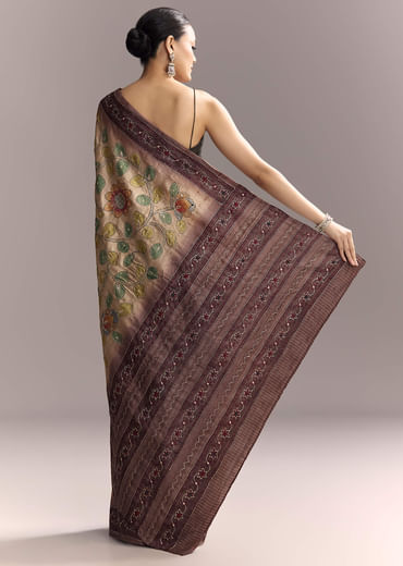 Coffee Brown Cotton Hand Painted Saree With Contrast Border