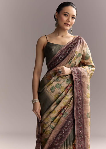 Coffee Brown Cotton Hand Painted Saree With Contrast Border