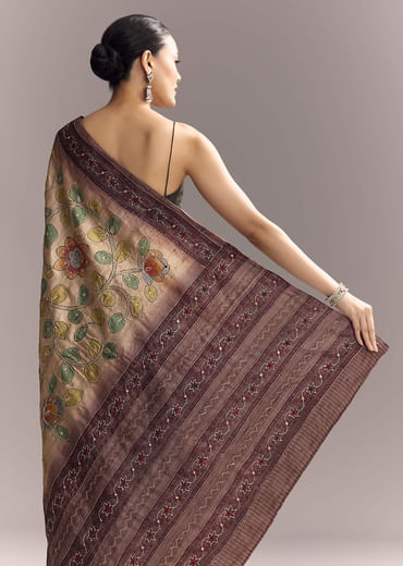 Coffee Brown Cotton Hand Painted Saree With Contrast Border