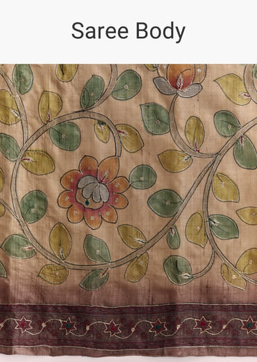 Coffee Brown Cotton Hand Painted Saree With Contrast Border