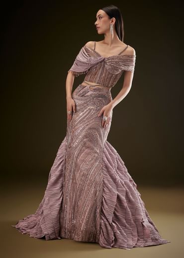 Coffee Brown Fish Cut Lehenga With Attached Trail