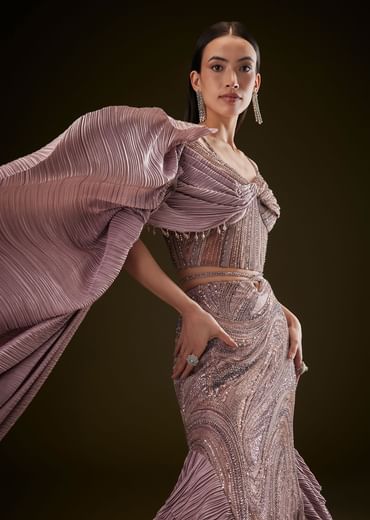 Coffee Brown Fish Cut Lehenga With Attached Trail