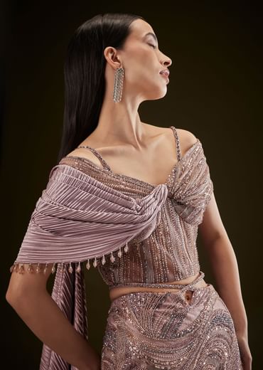 Coffee Brown Fish Cut Lehenga With Attached Trail