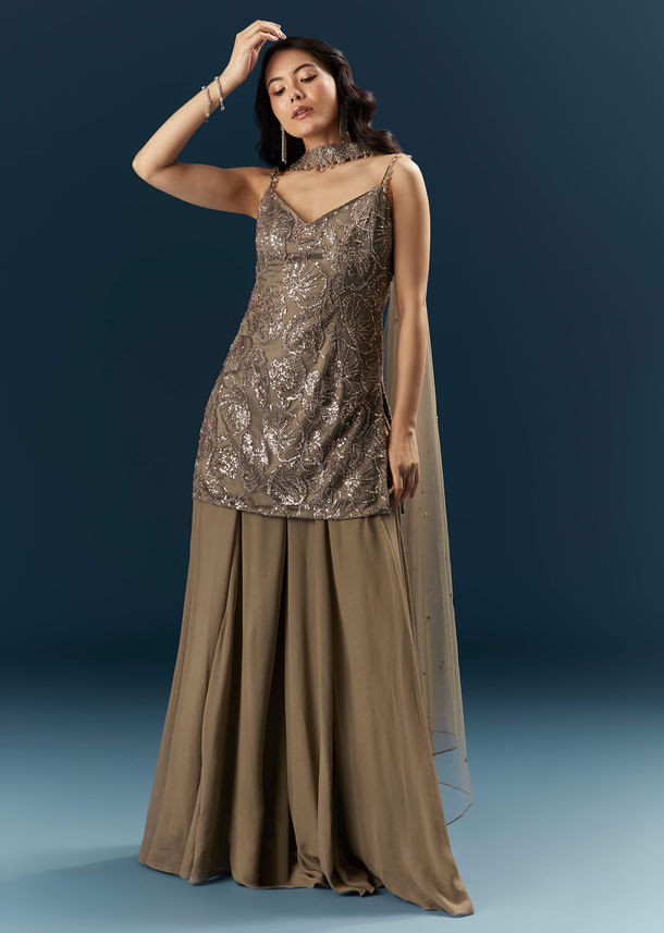 Coffee Brown Imported Georgette Sharara Suit With Heavy Embroidery