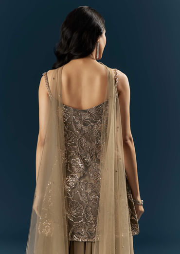 Coffee Brown Imported Georgette Sharara Suit With Heavy Embroidery