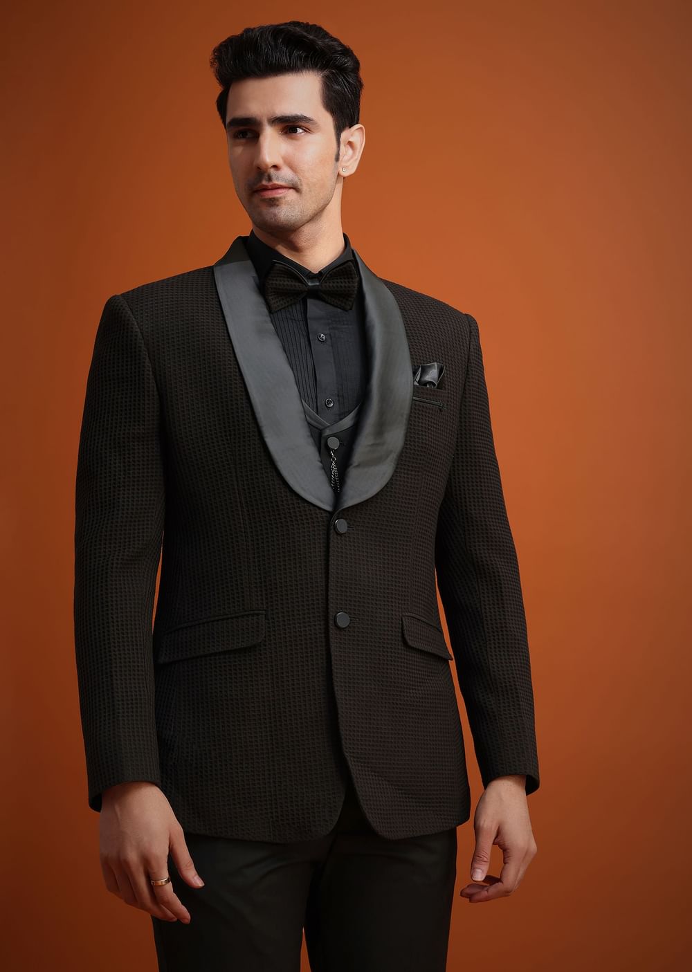 Coffee Brown Knit Tuxedo Set With Waistcoat And Bow
