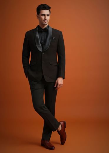 Coffee Brown Knit Tuxedo Set With Waistcoat And Bow