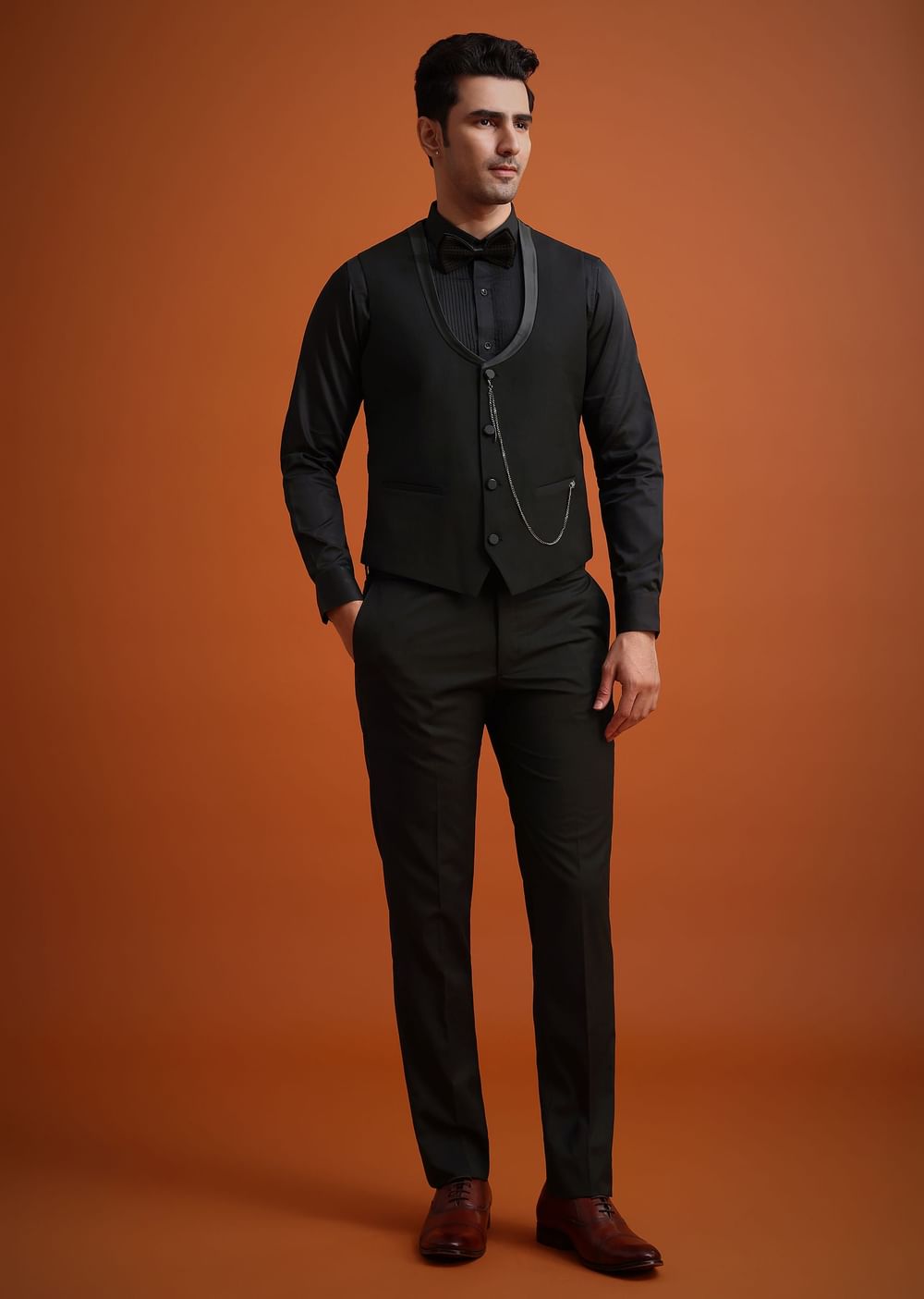 Coffee Brown Knit Tuxedo Set With Waistcoat And Bow