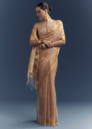 Copper Tissue Organza Woven Saree With Golden Zari Work