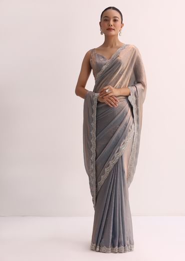 Copper Blue Embroidered Saree And Unstitched Blouse