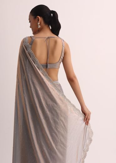 Copper Blue Embroidered Saree And Unstitched Blouse
