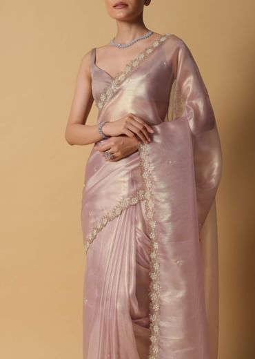 Copper Brown Foil Saree In Tissue With Cut Dana Embroidered Borders