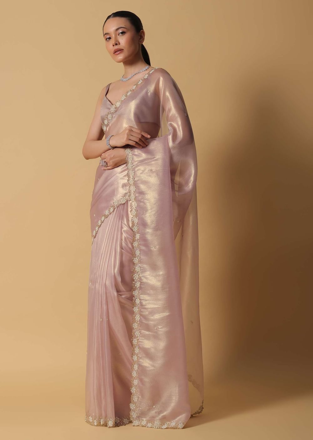 Copper Brown Foil Saree In Tissue With Cut Dana Embroidered Borders