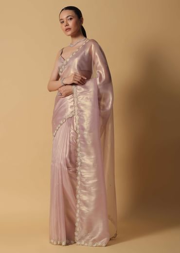 Copper Brown Foil Saree In Tissue With Cut Dana Embroidered Borders