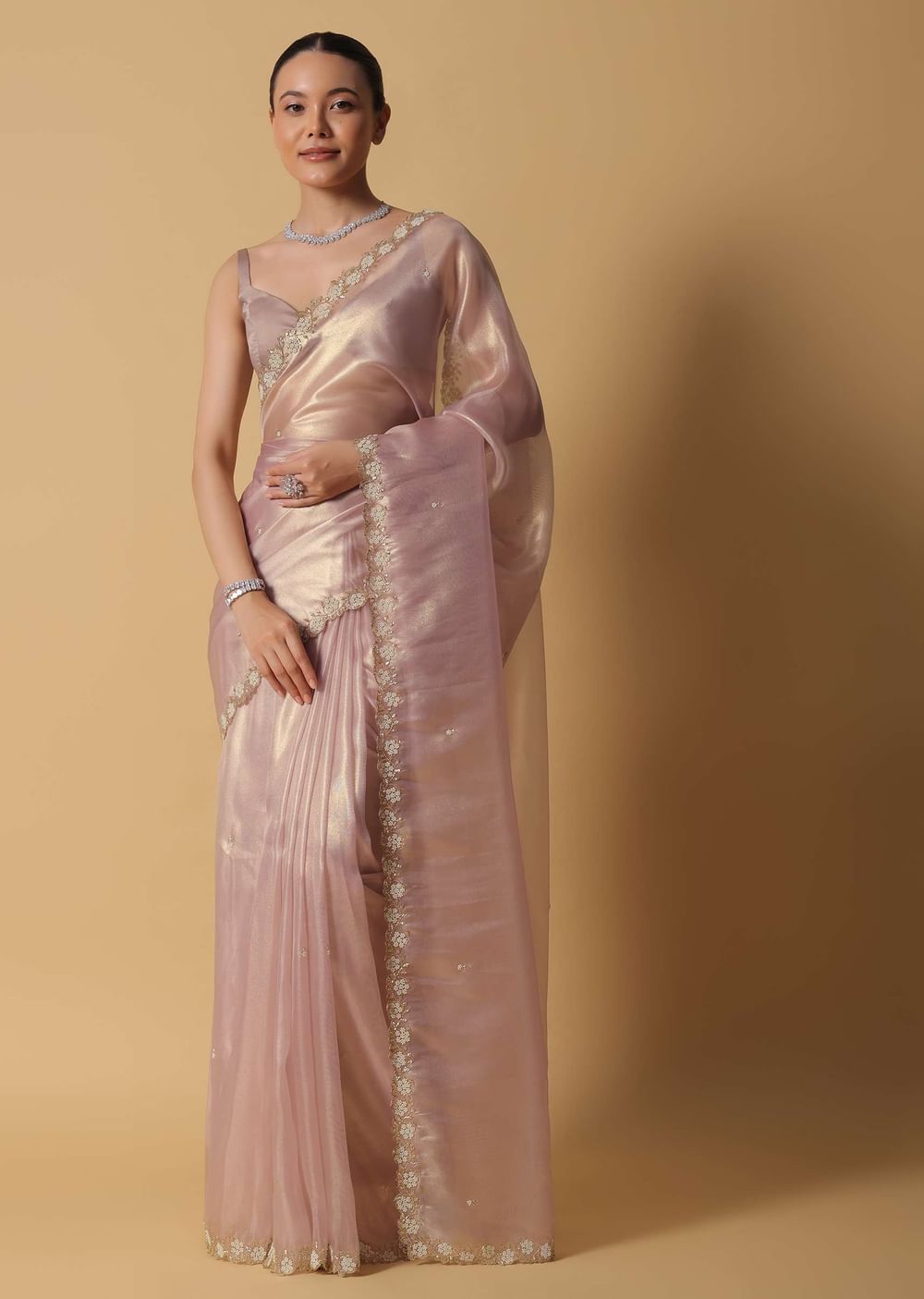 Copper Brown Foil Saree In Tissue With Cut Dana Embroidered Borders