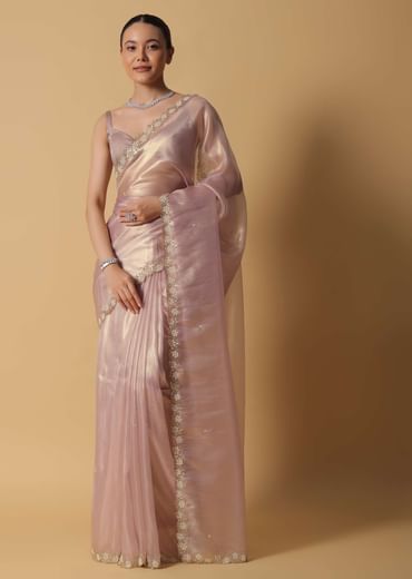 Copper Brown Foil Saree In Tissue With Cut Dana Embroidered Borders