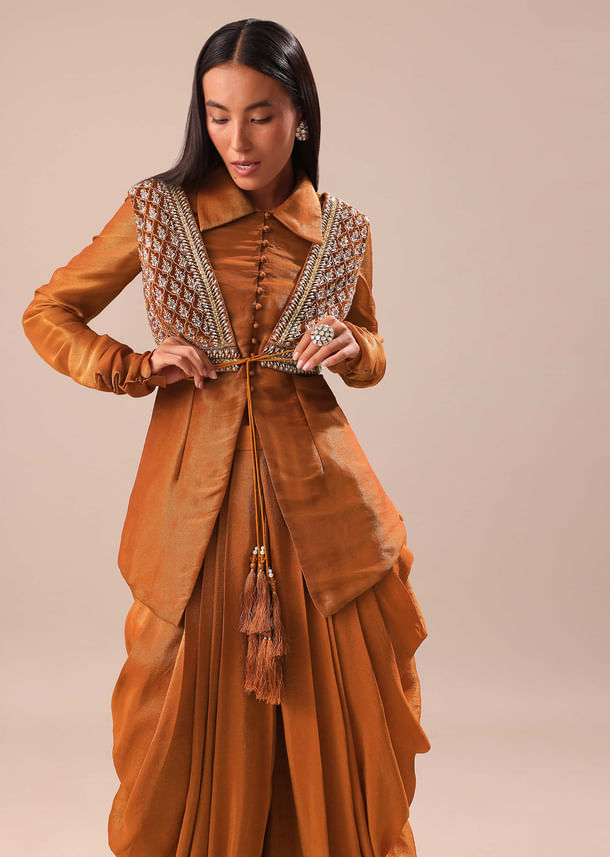 Copper Brown Kurta With Embroidered Jacket And Dhoti Copper Brown Kurta With Embroidered Jacket And Dhoti