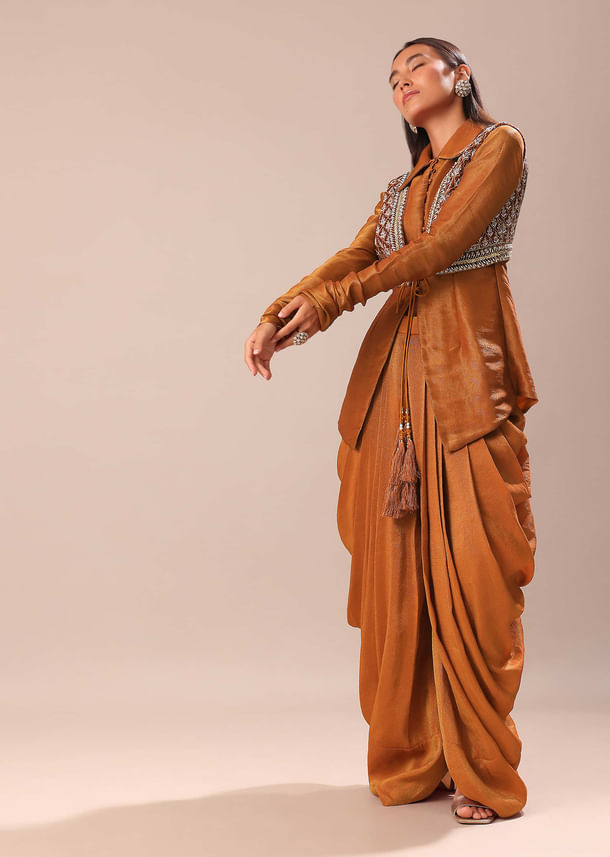 Copper Brown Kurta With Embroidered Jacket And Dhoti Copper Brown Kurta With Embroidered Jacket And Dhoti