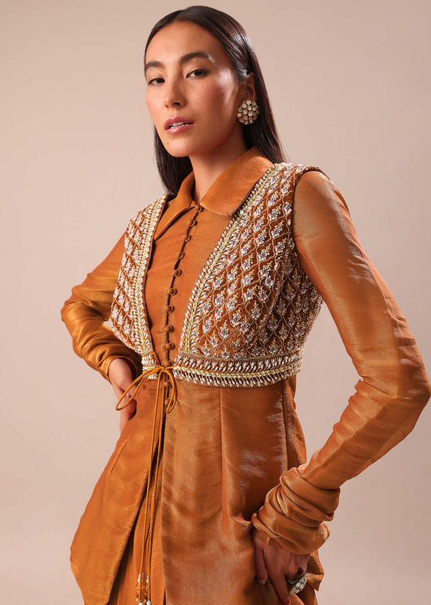 Copper Brown Kurta With Embroidered Jacket And Dhoti Copper Brown Kurta With Embroidered Jacket And Dhoti