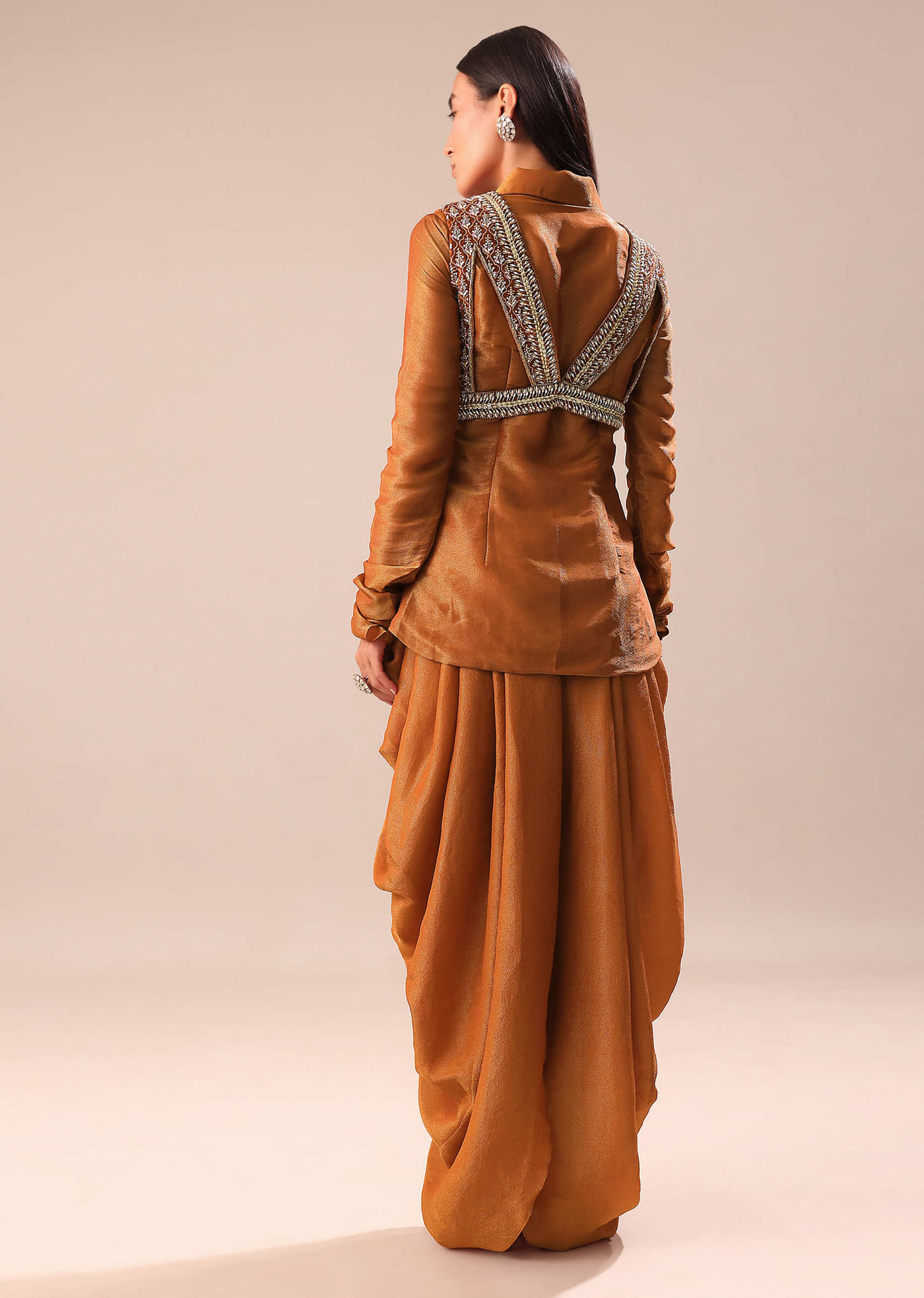 Copper Brown Kurta With Embroidered Jacket And Dhoti
