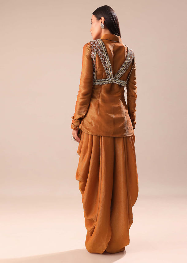 Copper Brown Kurta With Embroidered Jacket And Dhoti Copper Brown Kurta With Embroidered Jacket And Dhoti