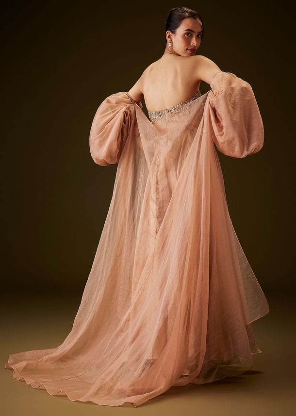 Copper Embroidered Bodice Jumpsuit With Puff Sleeve Jacket