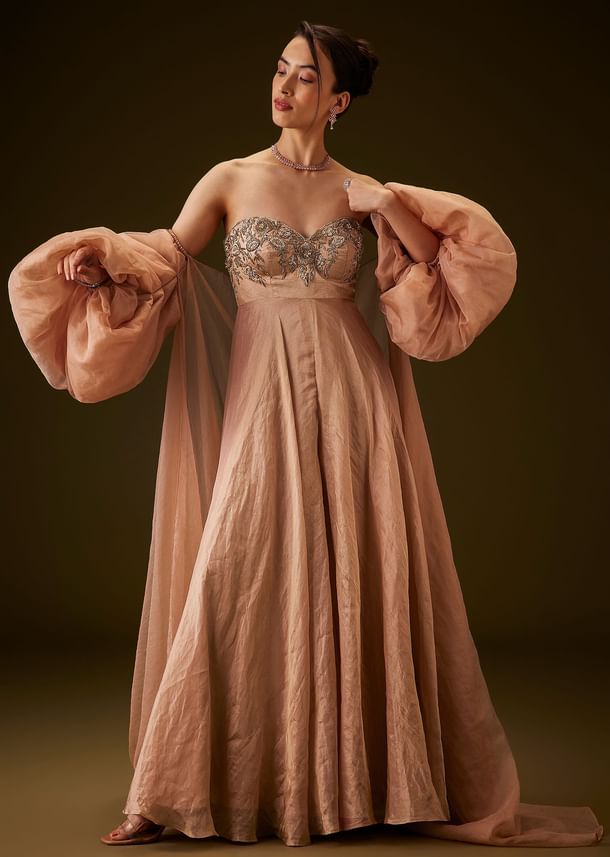 Copper Embroidered Bodice Jumpsuit With Puff Sleeve Jacket