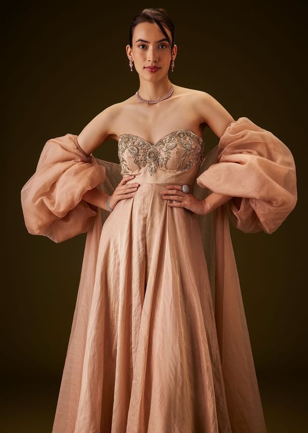 Copper Embroidered Bodice Jumpsuit With Puff Sleeve Jacket