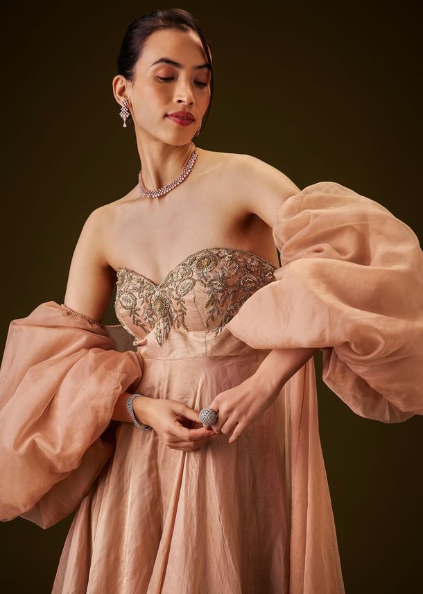 Copper Embroidered Bodice Jumpsuit With Puff Sleeve Jacket