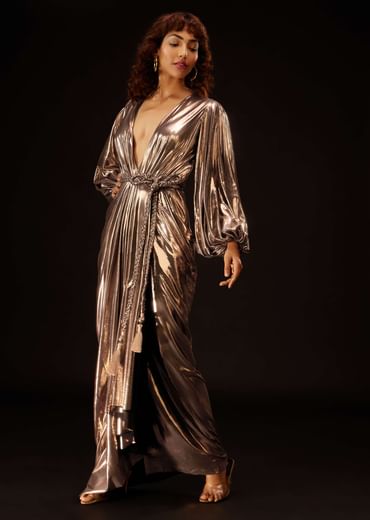 Copper Gold Dress In Lycra With A Braided Waistbelt - DEME X KALKI