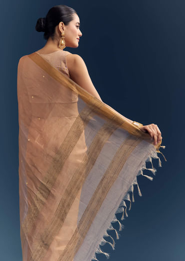 Copper Tissue Organza Woven Saree With Golden Zari Work
