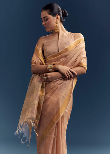 Copper Tissue Organza Woven Saree With Golden Zari Work