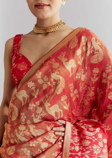Coral Red Silk Woven Saree With Zari Work