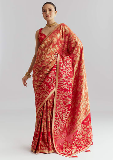 Coral Red Silk Woven Saree With Zari Work