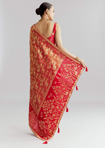 Coral Red Silk Woven Saree With Zari Work