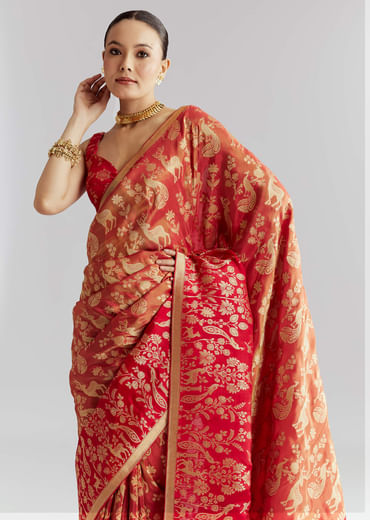 Coral Red Silk Woven Saree With Zari Work