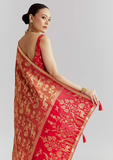 Coral Red Silk Woven Saree With Zari Work