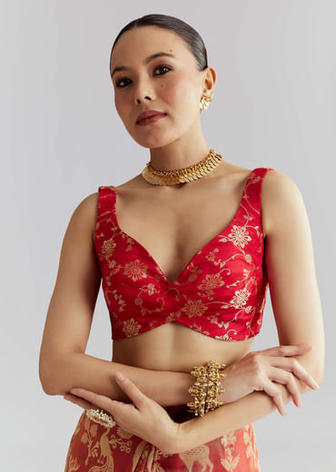 Coral Red Silk Woven Saree With Zari Work