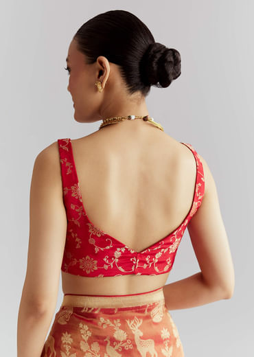 Coral Red Silk Woven Saree With Zari Work