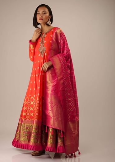 Coral Anarkali Suit In Brocade Silk With Woven Buttis And Zardosi Embroidery