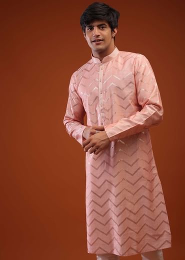Coral Cloud Raw Silk Kurta Set With Sequins Embroidery, Placket In Zari, And Thread Work