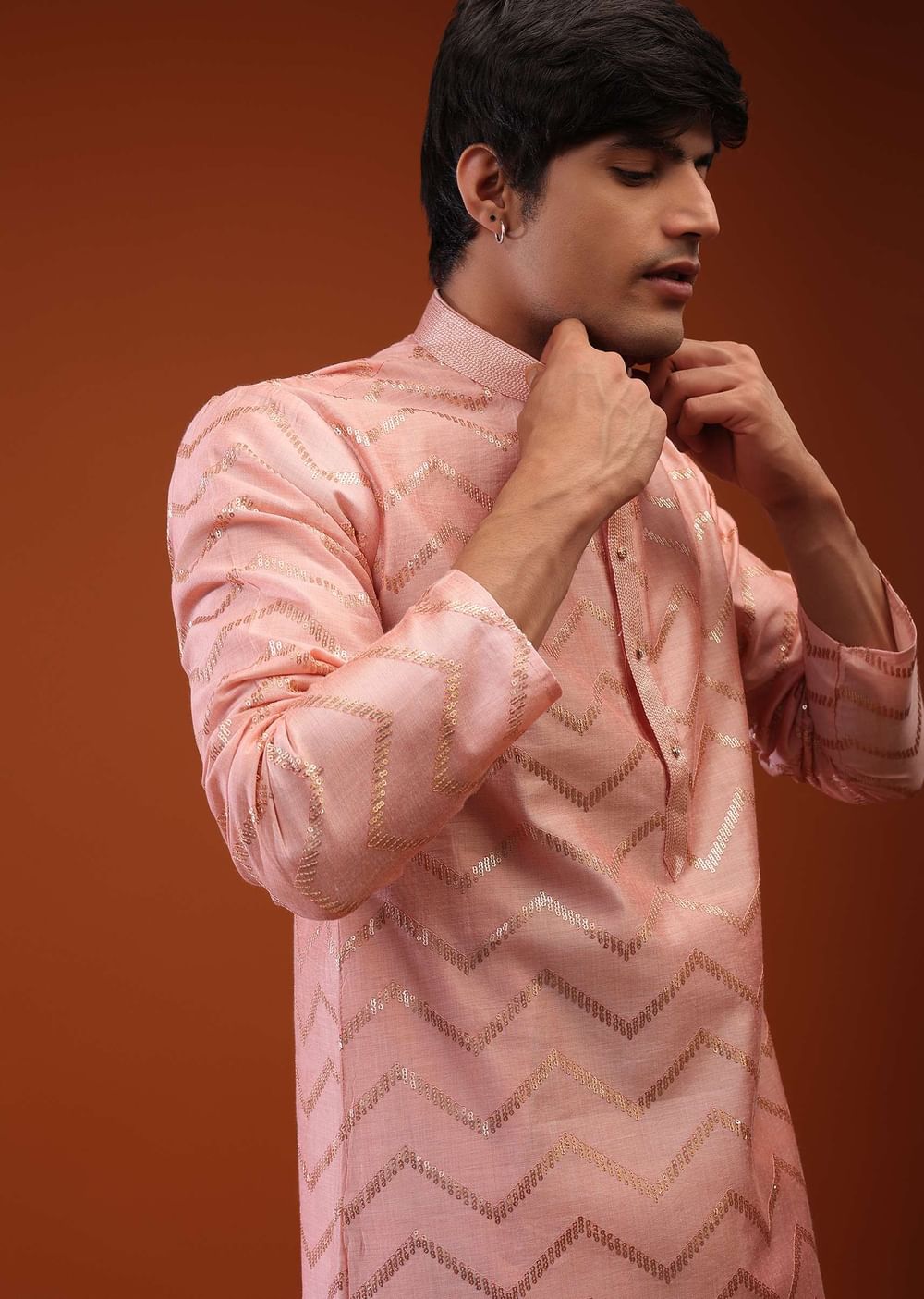 Coral Cloud Raw Silk Kurta Set With Sequins Embroidery, Placket In Zari, And Thread Work