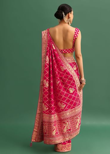 Coral Khaddi Georgette Saree With Zari Jaal Bandhani Weave And Unstitched Blouse