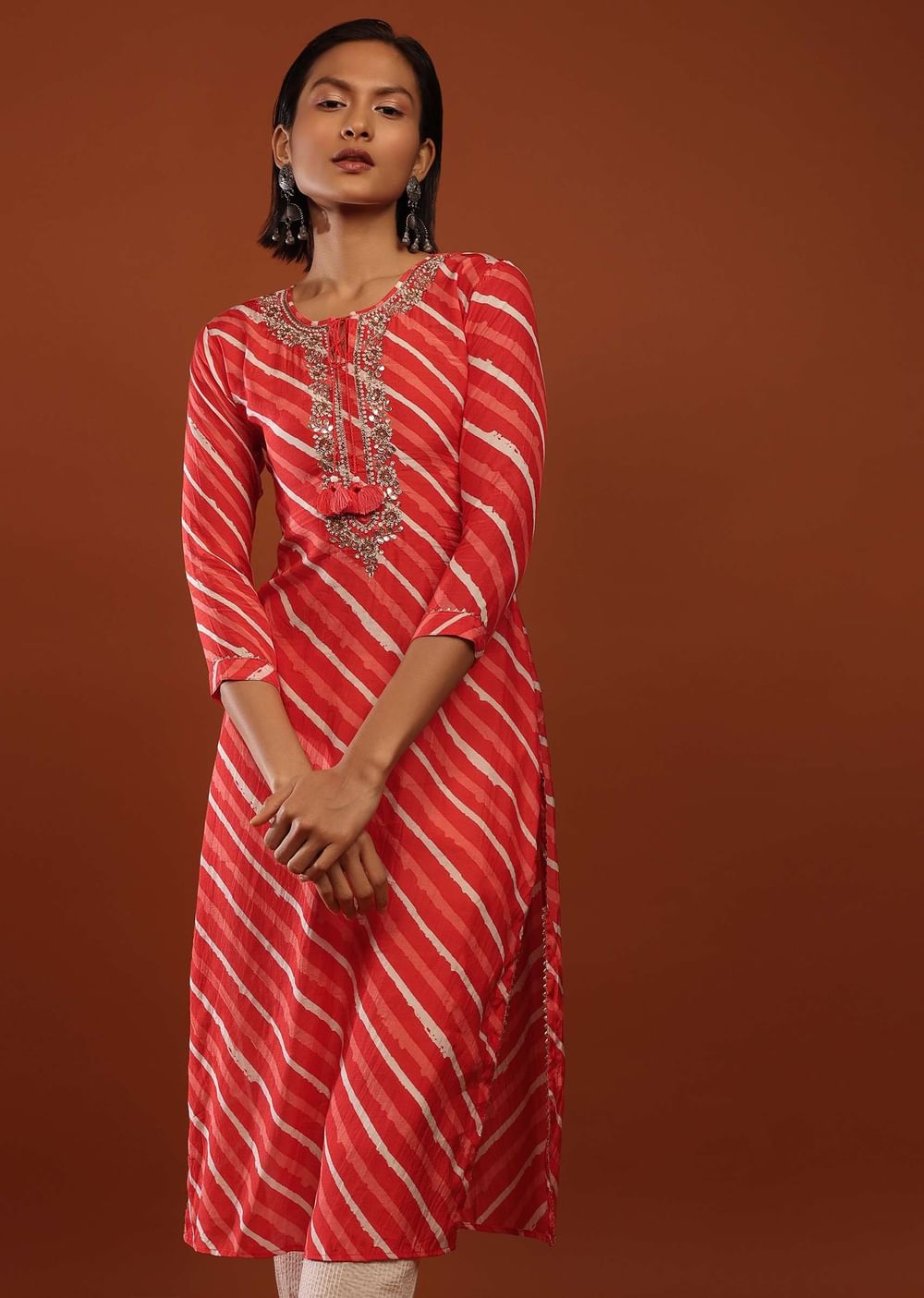 Coral Pink Kurta In Cotton With Leheriya Print And Gotta Work