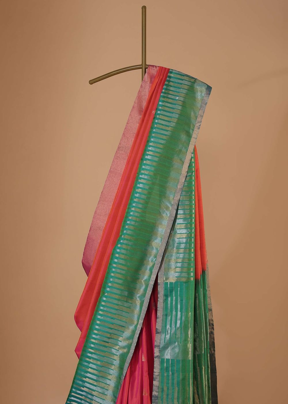 Coral Orange And Jade Green Silk Saree With Zari Weave And Unstitched Blouse
