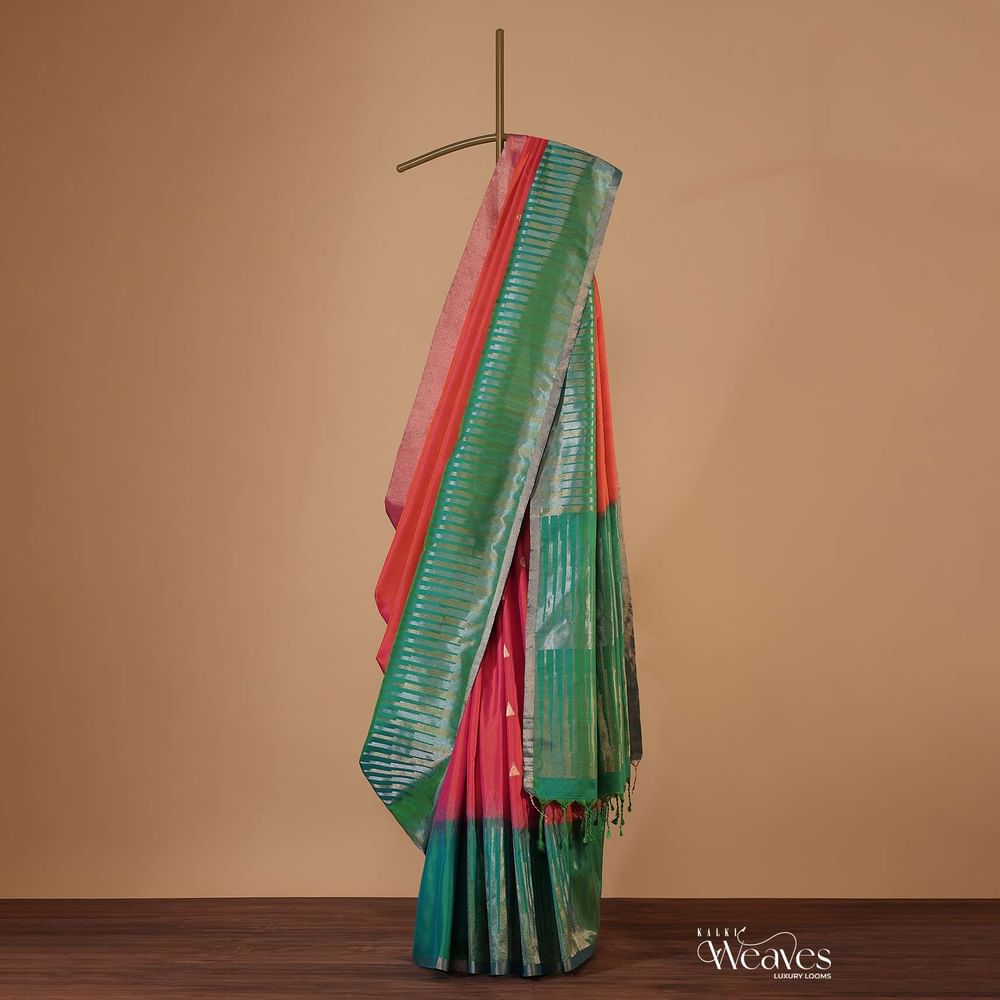 Coral Orange And Jade Green Silk Saree With Zari Weave And Unstitched Blouse