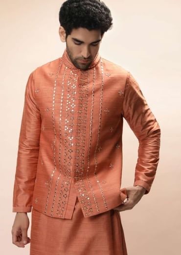 Coral Peach Nehru Jacket And Kurta Set With Resham And Mirror Embroidered Buttis And Stripe Design
