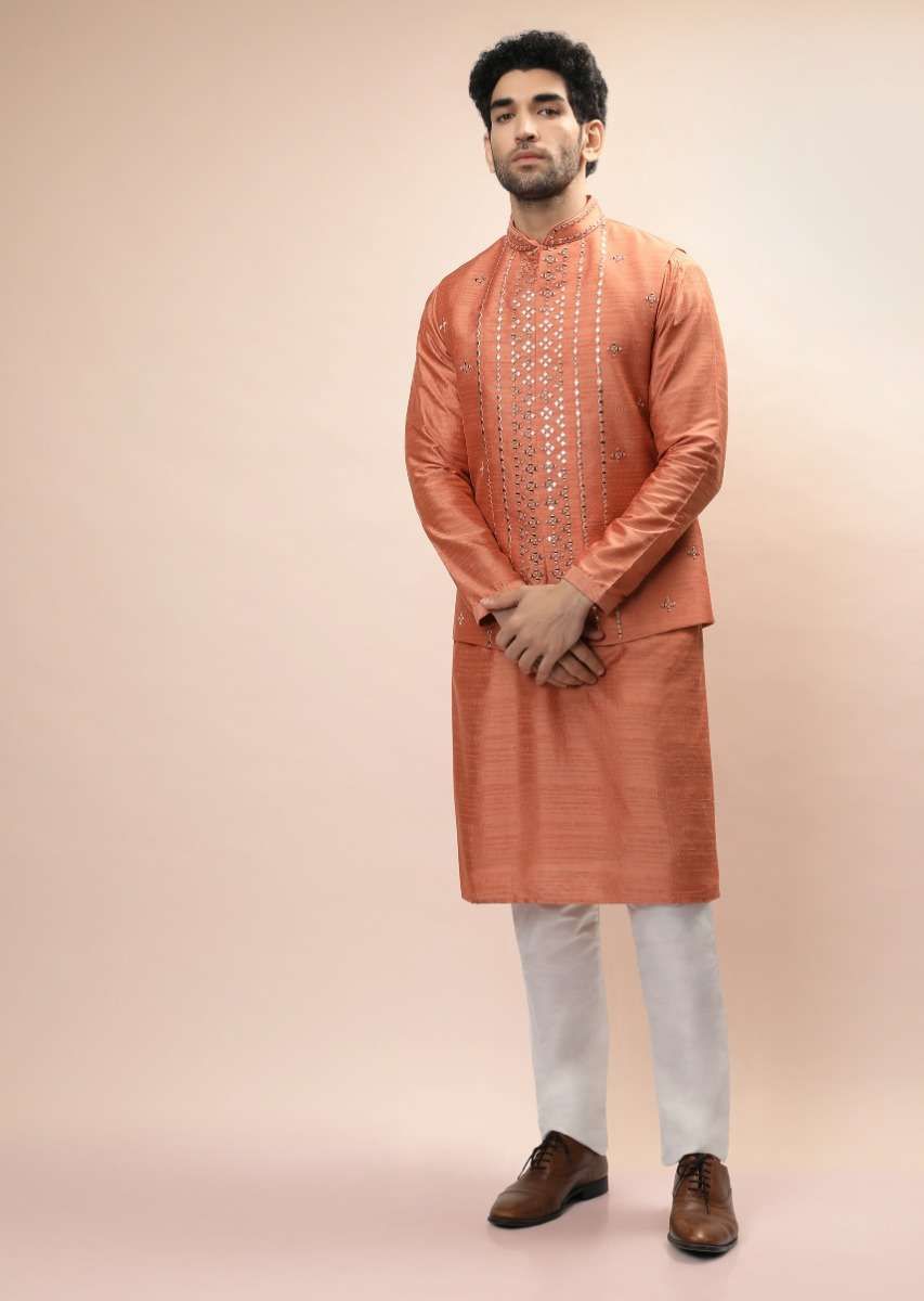 Coral Peach Nehru Jacket And Kurta Set With Resham And Mirror Embroidered Buttis And Stripe Design